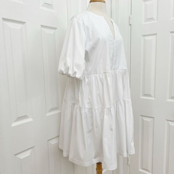 Chico's Womens White Cotton Tiered Puff Sleeve V-neck Babydoll Dress Size 12 - Picture 2 of 5